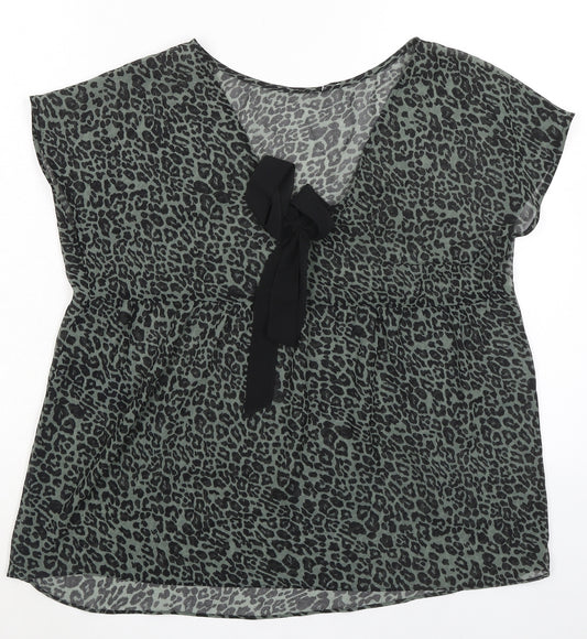 Mint Velvet Womens Grey Animal Print Polyester Basic T-Shirt Size 12 V-Neck - Leopard Print