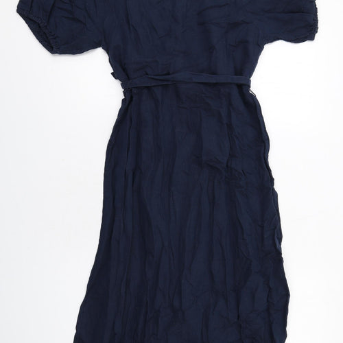 Monsoon Womens Blue Linen A-Line Size 14 Round Neck Button
