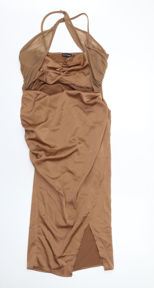PRETTYLITTLETHING Womens Brown Polyester Shift Size 14 Halter Zip