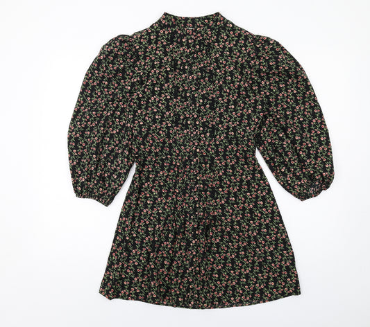 Topshop Womens Black Floral Polyester A-Line Size 8 Mock Neck Button