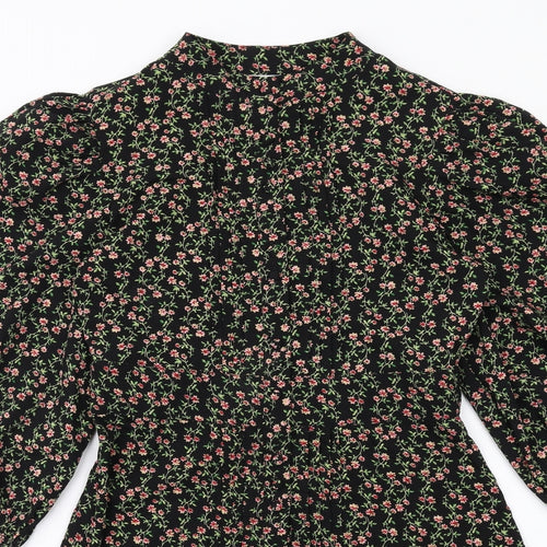 Topshop Womens Black Floral Polyester A-Line Size 8 Mock Neck Button