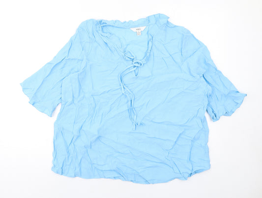 Marks and Spencer Womens Blue Viscose Basic Blouse Size 16 V-Neck - Tie Neck Detail