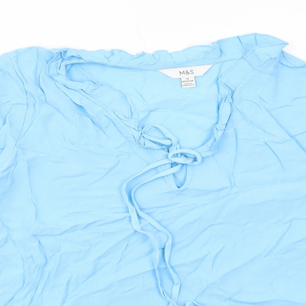 Marks and Spencer Womens Blue Viscose Basic Blouse Size 16 V-Neck - Tie Neck Detail