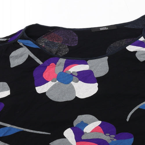 Marks and Spencer Womens Black Floral Viscose Basic T-Shirt Size 18 Boat Neck