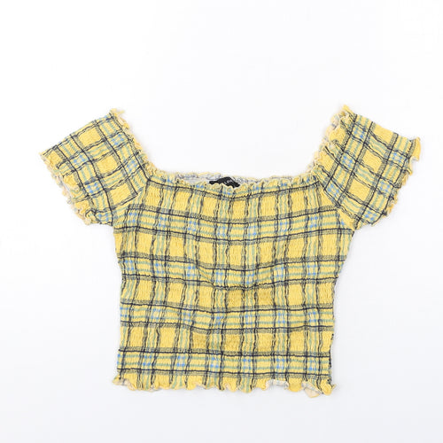 New Look Womens Yellow Plaid Cotton Cropped Blouse Size 12 Off the Shoulder - Shirred