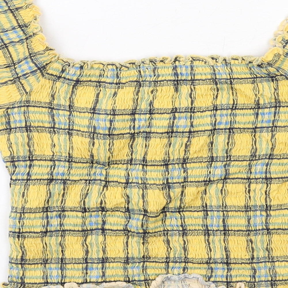 New Look Womens Yellow Plaid Cotton Cropped Blouse Size 12 Off the Shoulder - Shirred