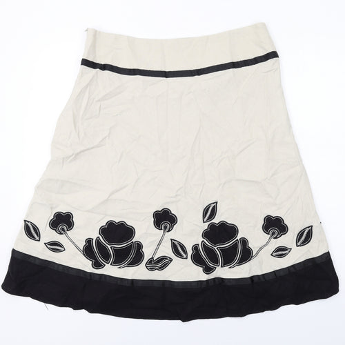 BHS Womens Beige Floral Linen A-Line Skirt Size 16 Zip
