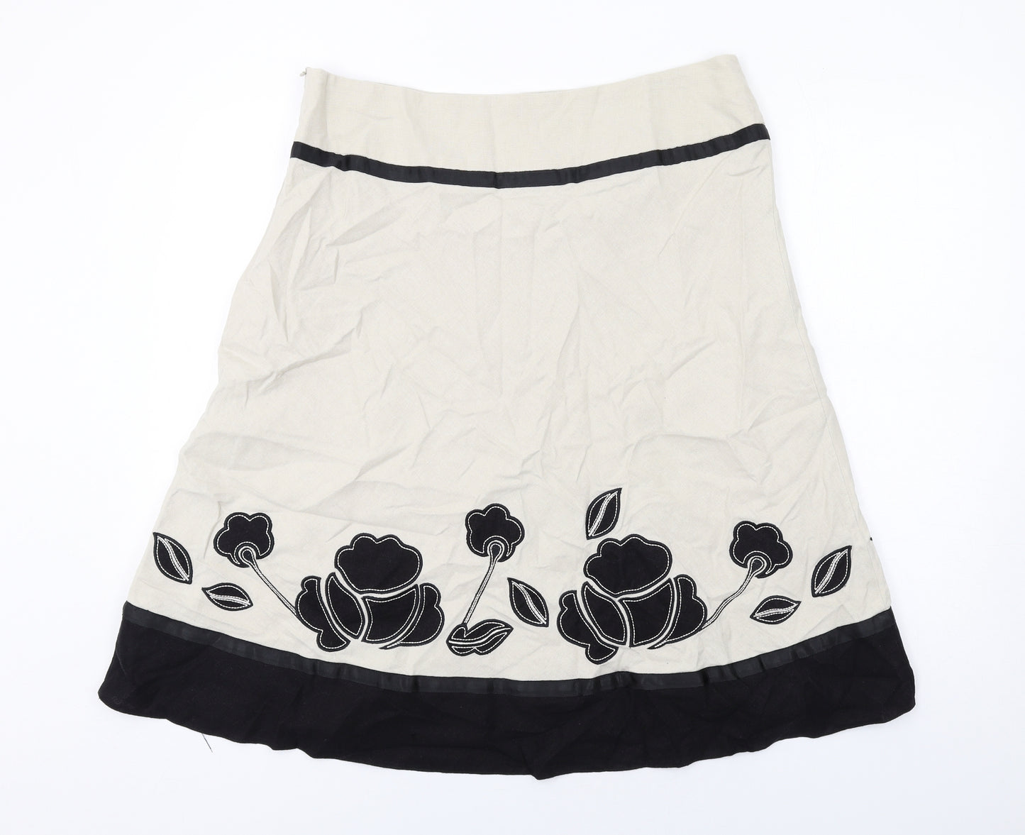 BHS Womens Beige Floral Linen A-Line Skirt Size 16 Zip