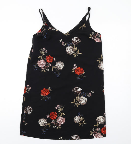 New Look Womens Black Floral Polyester Slip Dress Size 8 V-Neck Pullover
