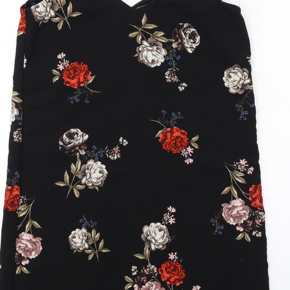 New Look Womens Black Floral Polyester Slip Dress Size 8 V-Neck Pullover