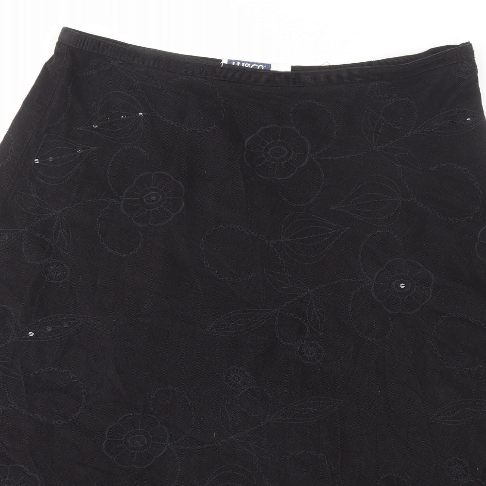 M&Co Womens Black Floral Cotton Swing Skirt Size 16 Zip