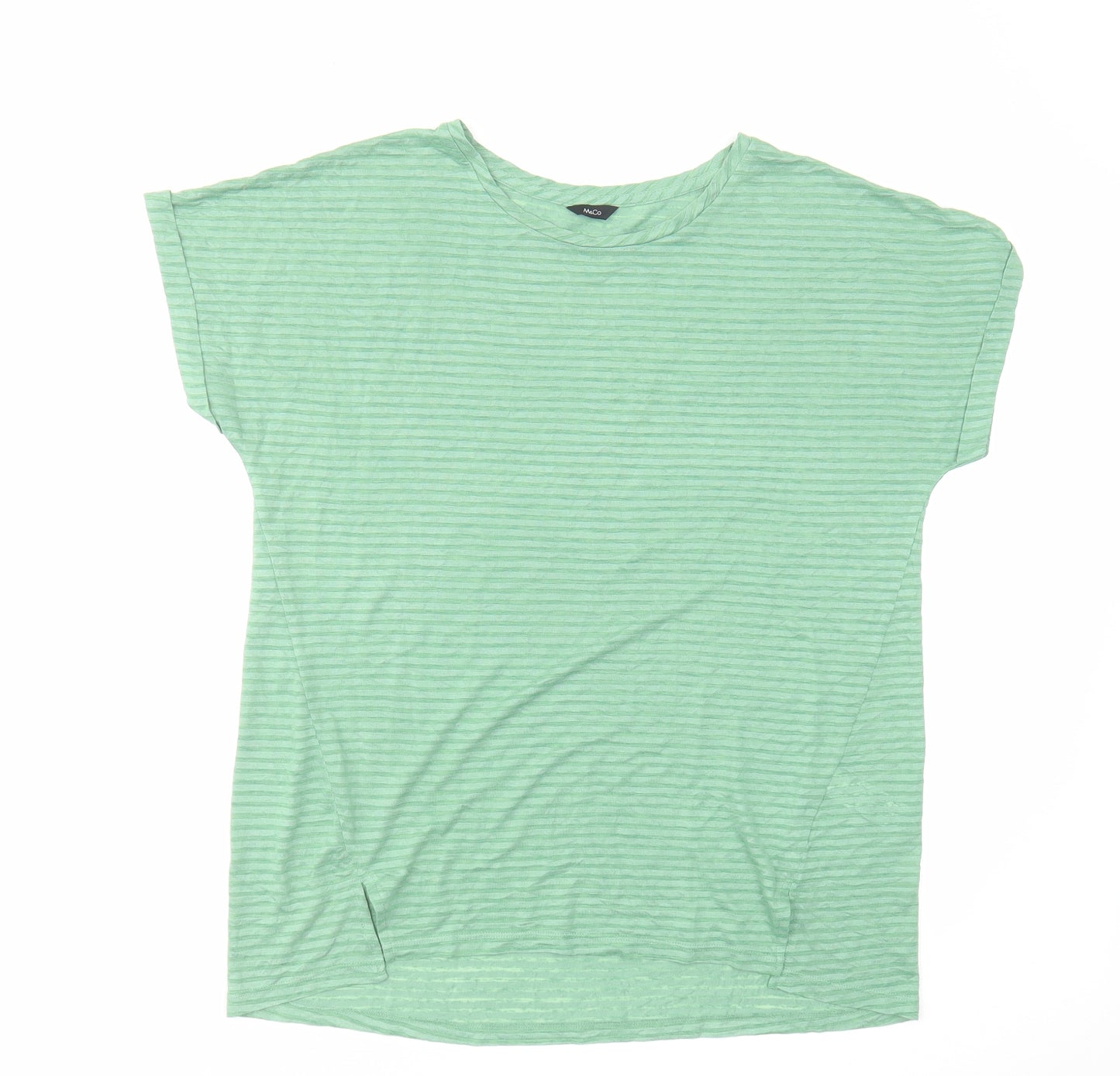 M&Co Womens Green Striped Polyester Basic T-Shirt Size 16 Crew Neck