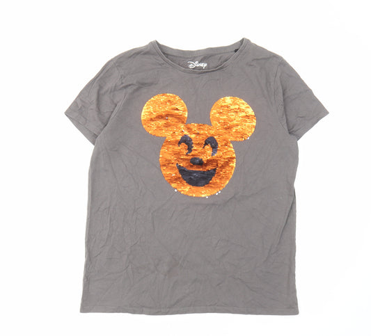 Disney Womens Grey Cotton Basic T-Shirt Size 12 Crew Neck - Mickey Mouse
