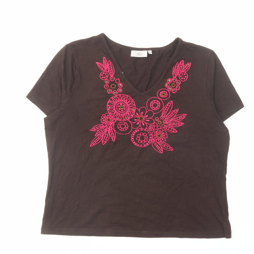 CC Womens Brown Cotton Basic T-Shirt Size L V-Neck - Floral Detail