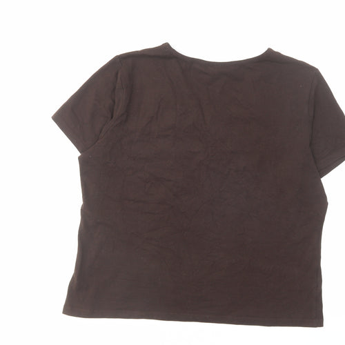 CC Womens Brown Cotton Basic T-Shirt Size L V-Neck - Floral Detail