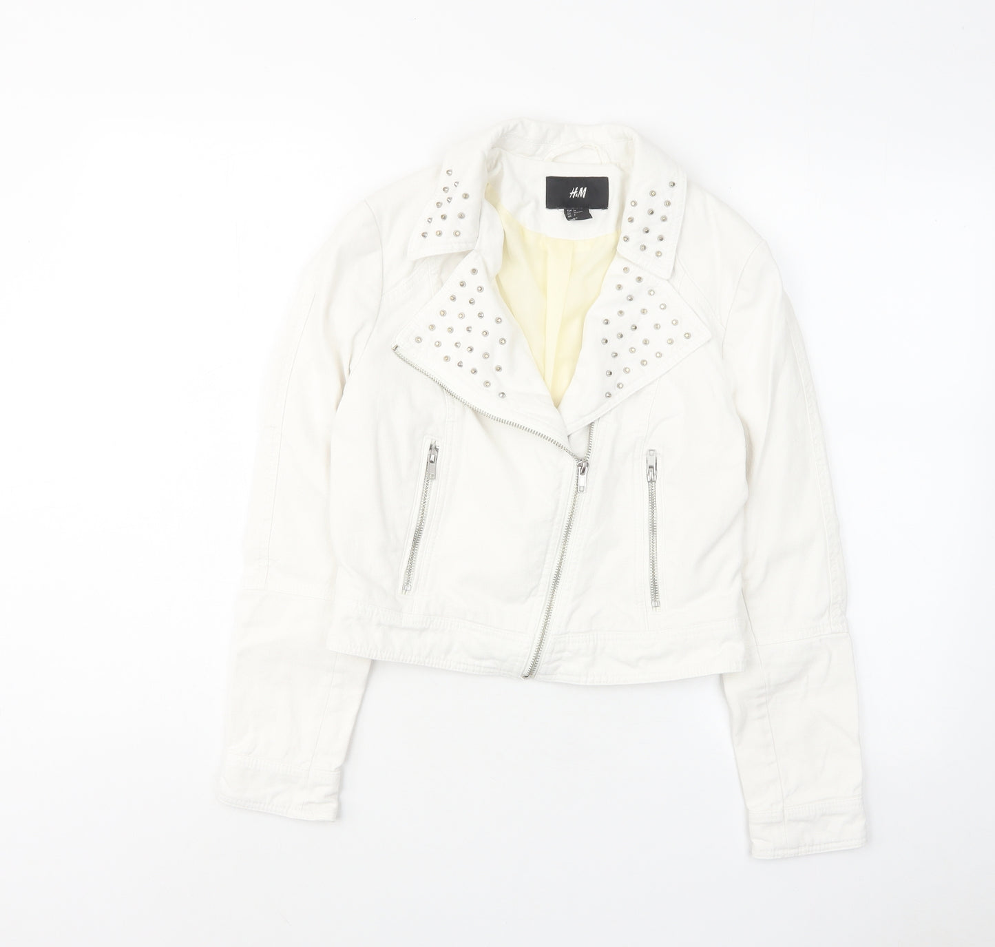 H&M Womens White Motorcycle Jacket Jacket Size 8 Zip