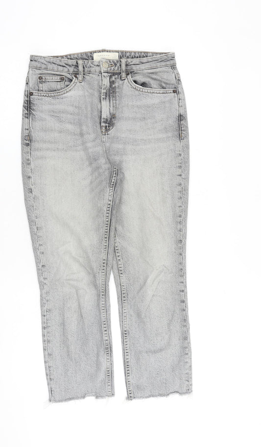 Topshop Womens Grey Cotton Straight Jeans Size 28 in L30 in Regular Zip - Raw Hem