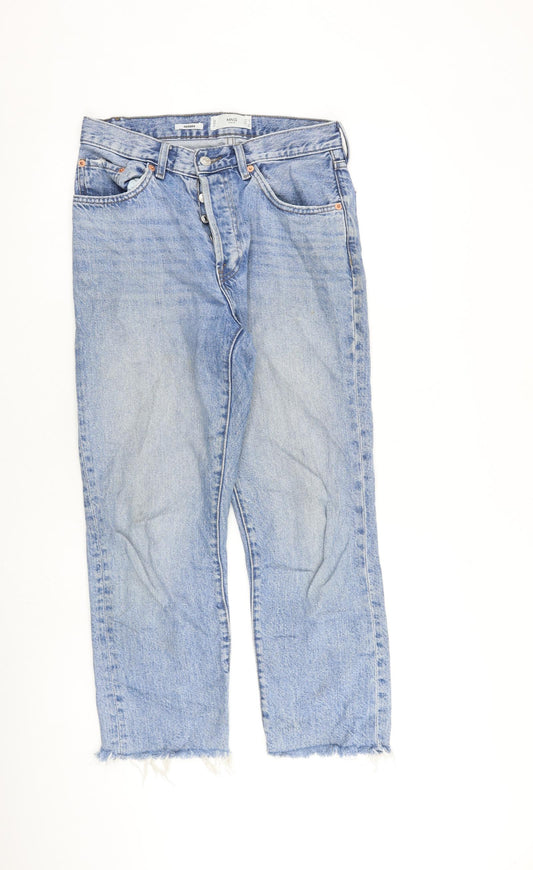 Mango Womens Blue Cotton Straight Jeans Size 10 L26 in Regular Button - Raw Hem