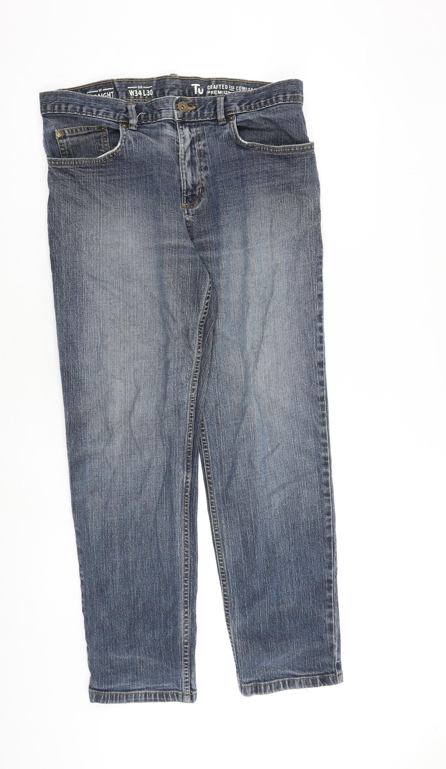 TU Mens Blue Cotton Straight Jeans Size 34 in L30 in Regular Zip