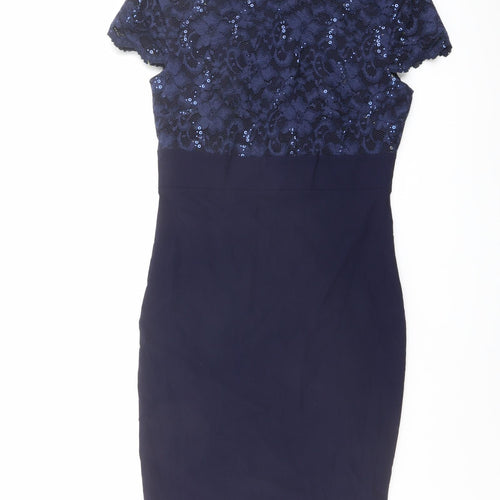 Amy Childs Womens Blue Viscose Pencil Dress Size 12 Boat Neck Zip - Lace Top
