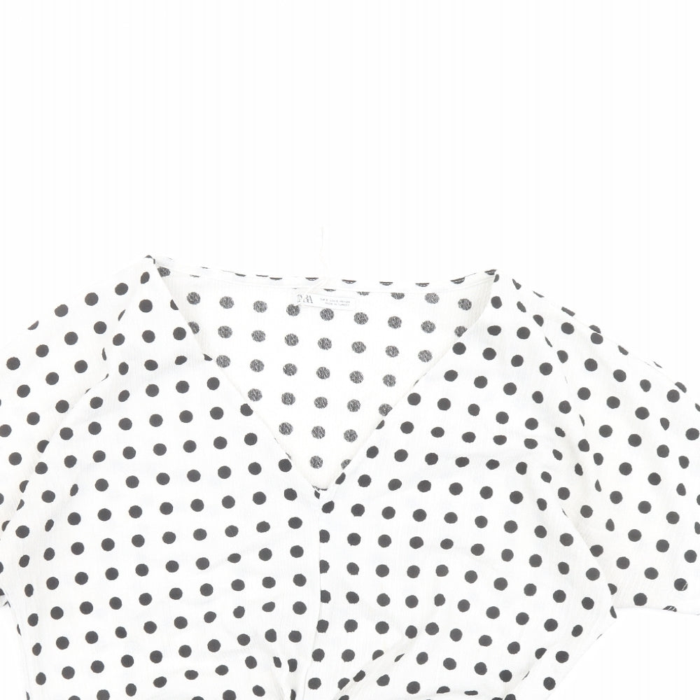 Zara Womens White Polka Dot Polyester Cropped Blouse Size S V-Neck