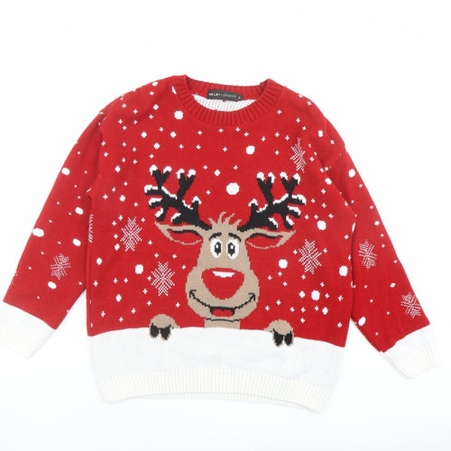 Mela London Womens Red Crew Neck Fair Isle Acrylic Pullover Jumper Size M - Christmas Rudolph