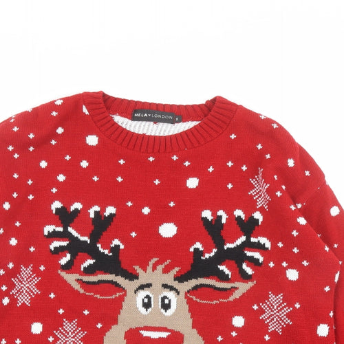 Mela London Womens Red Crew Neck Fair Isle Acrylic Pullover Jumper Size M - Christmas Rudolph