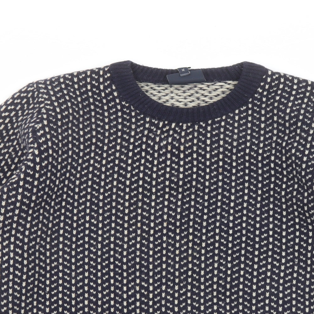 John Lewis Mens Blue Round Neck Geometric Wool Pullover Jumper Size XL Long Sleeve
