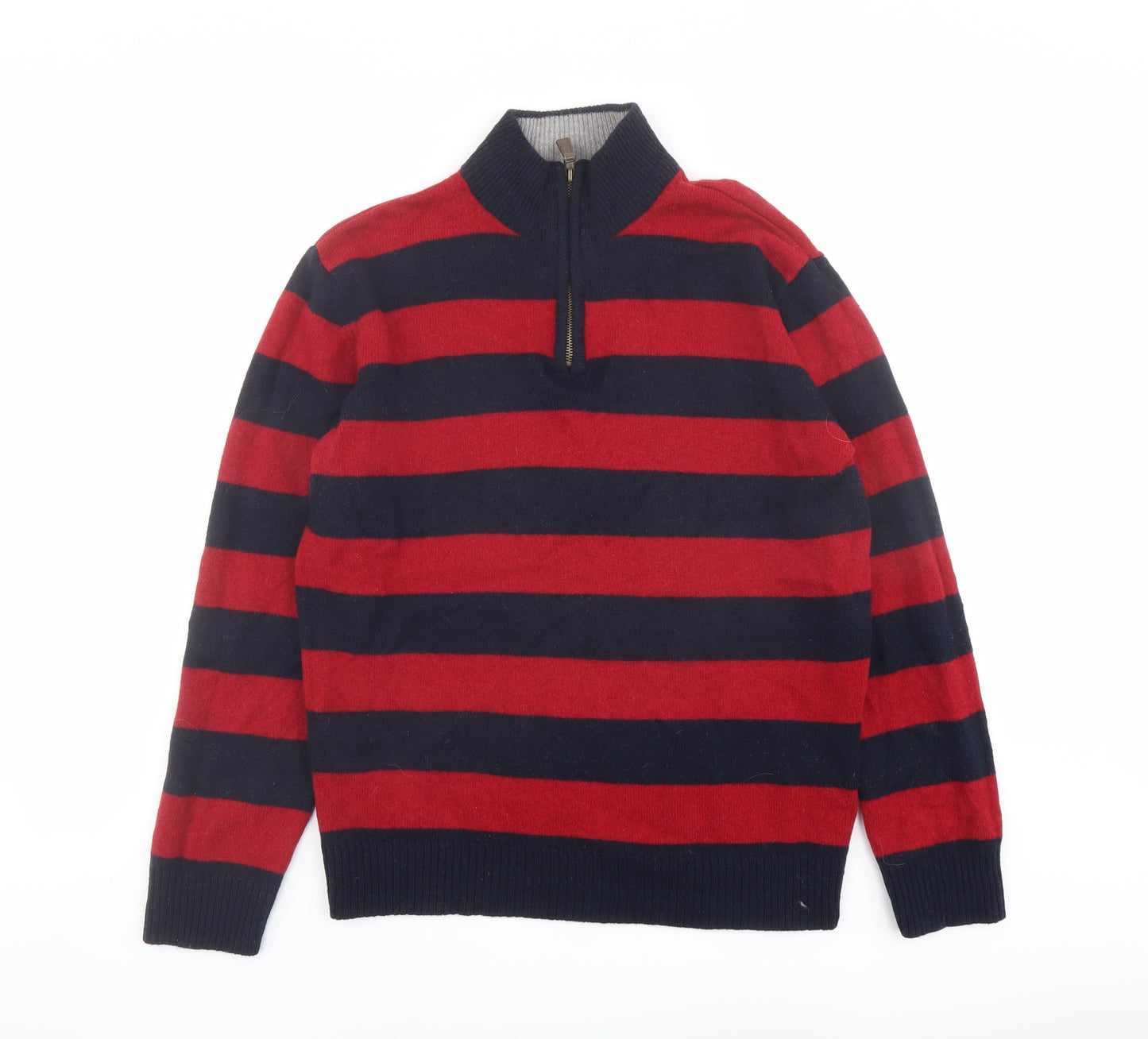 Blue Harbour Mens Red Mock Neck Striped Wool Henley Jumper Size L Long Sleeve