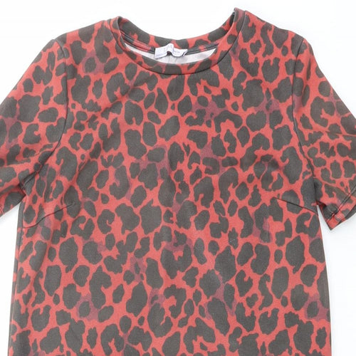 Zara Womens Red Animal Print Polyester Basic T-Shirt Size S Round Neck - Leopard Print