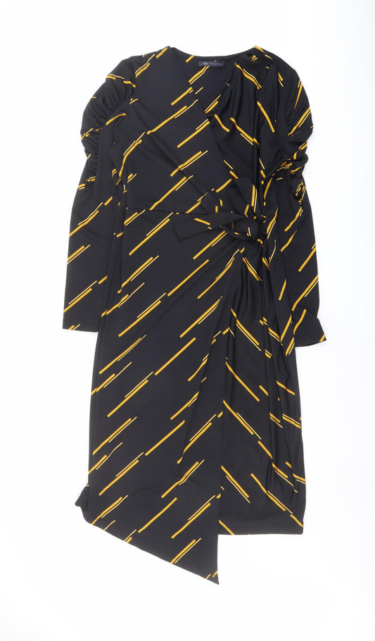 Marks and Spencer Womens Black Geometric Polyester Wrap Dress Size 14 V-Neck Tie