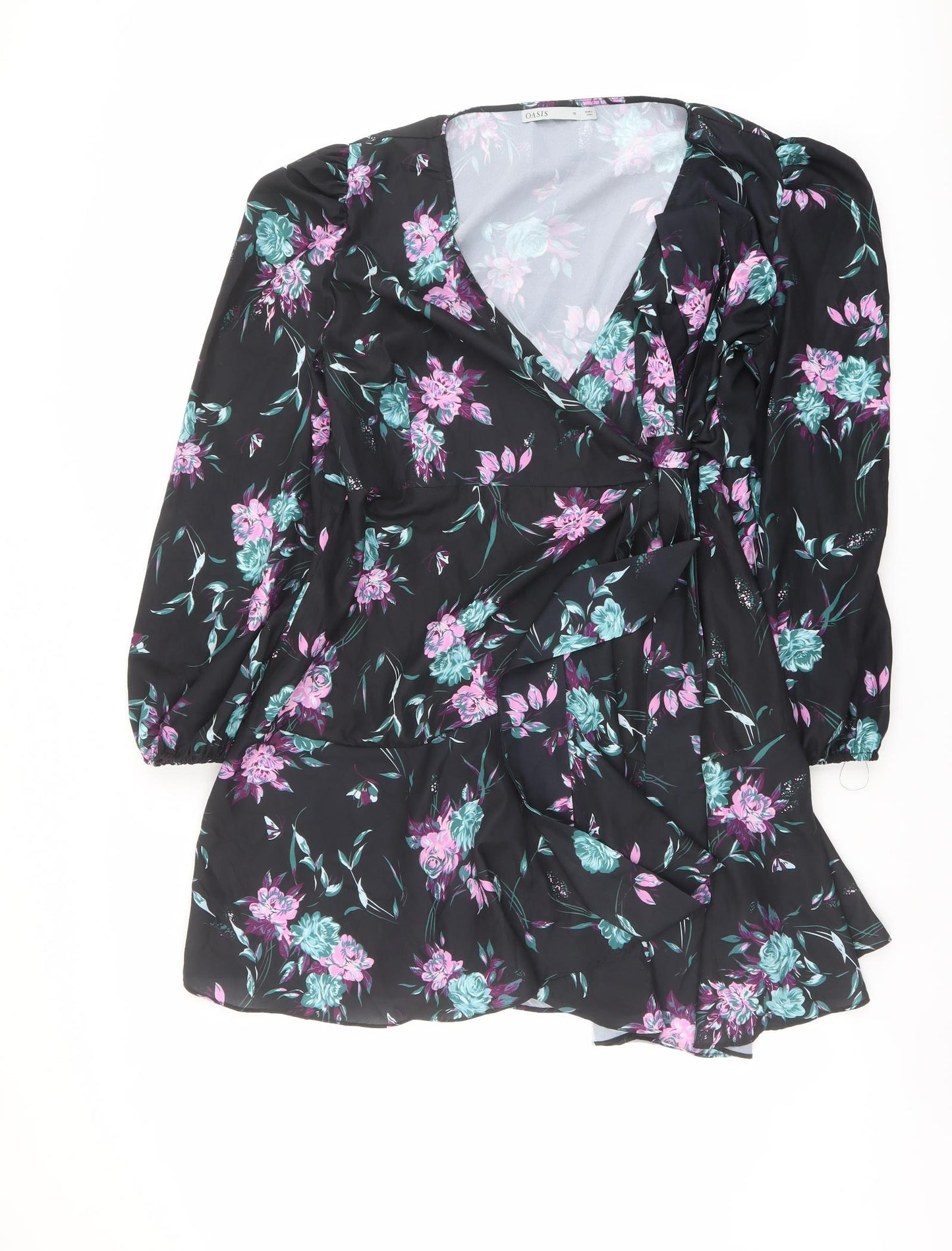 Oasis Womens Black Floral Polyester Wrap Dress Size 18 V-Neck Tie