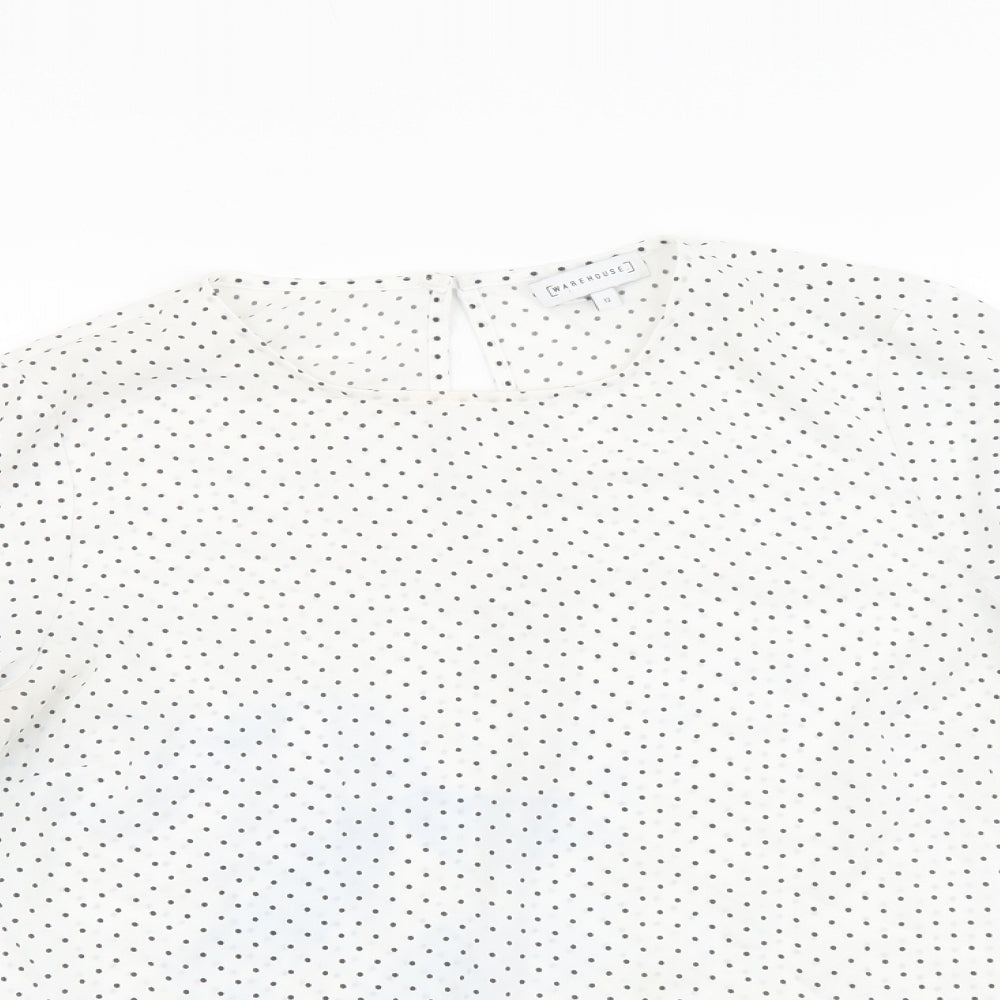 Warehouse Womens White Polka Dot Polyester Basic Blouse Size 12 Round Neck