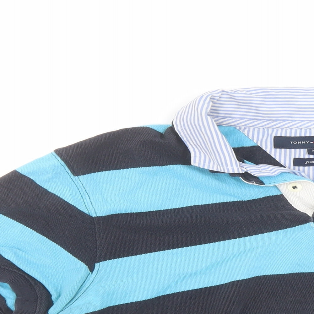 Tommy Hilfiger Womens Blue Striped Cotton Basic Polo Size M Collared - Customised