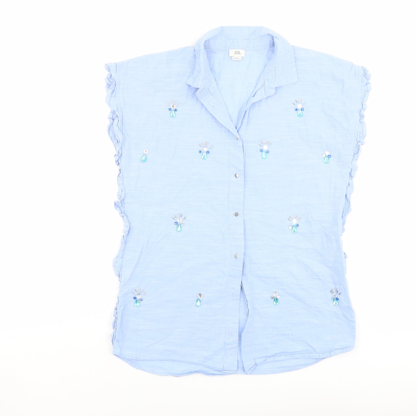 River Island Girls Blue Cotton Basic Button-Up Size 11-12 Years Collared Button - Embellished