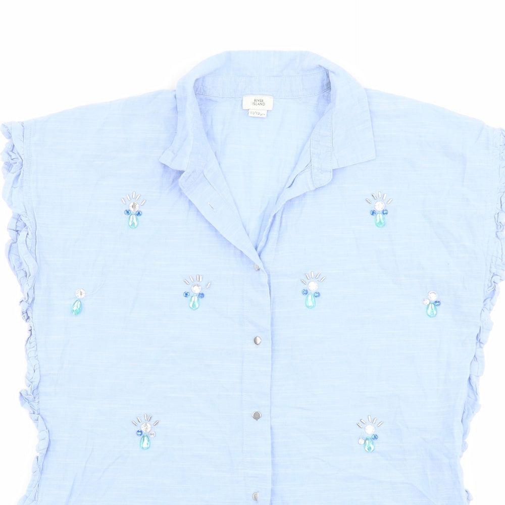 River Island Girls Blue Cotton Basic Button-Up Size 11-12 Years Collared Button - Embellished