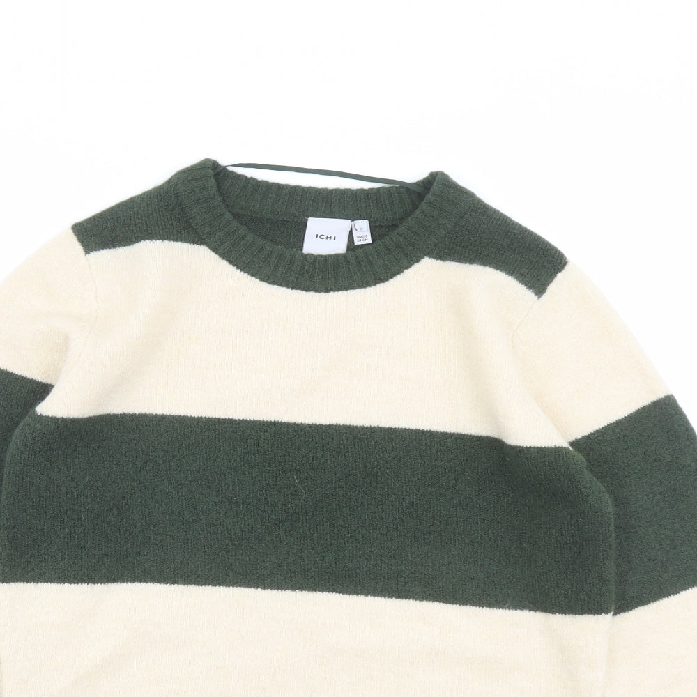 ICHI Womens Green Round Neck Striped Acrylic Pullover Jumper Size XS