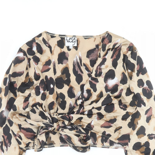 Lola May Womens Brown Animal Print Polyester Cropped Blouse Size 12 V-Neck - Leopard Print