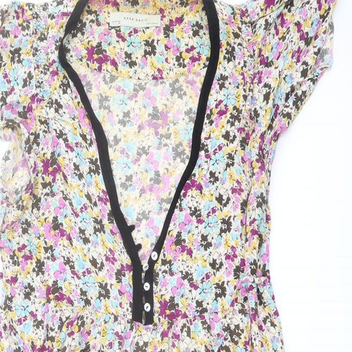 Zara Womens Multicoloured Floral Viscose Mini Size L V-Neck Button