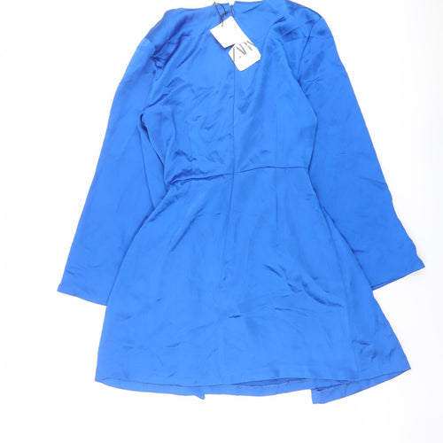 Zara Womens Blue Polyester Mini Size S V-Neck Zip