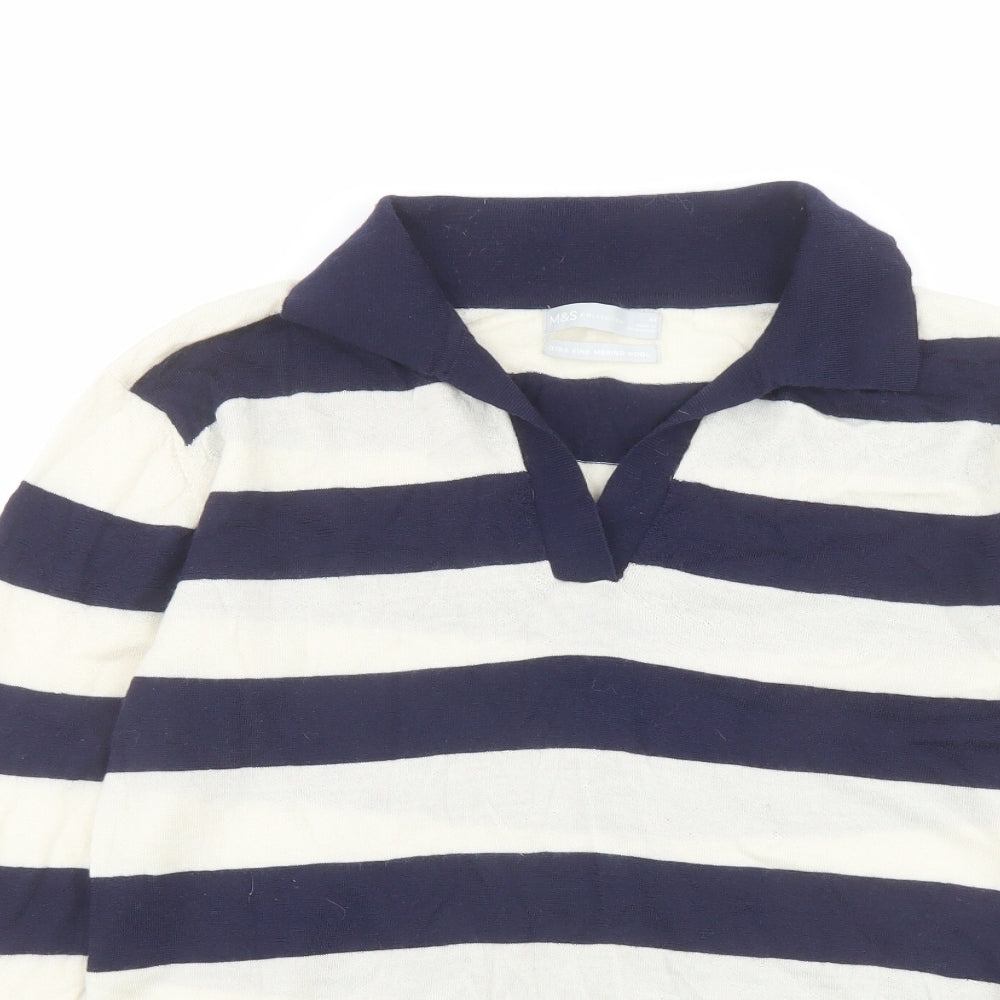 Marks and Spencer Womens Blue Collared Striped Wool Pullover Jumper Size M