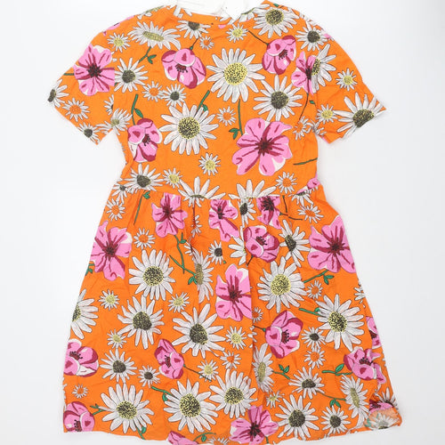 Zara Womens Orange Floral Polyester T-Shirt Dress Size S Crew Neck Pullover
