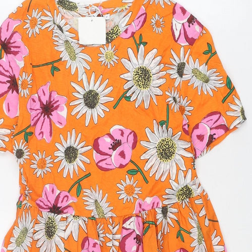 Zara Womens Orange Floral Polyester T-Shirt Dress Size S Crew Neck Pullover