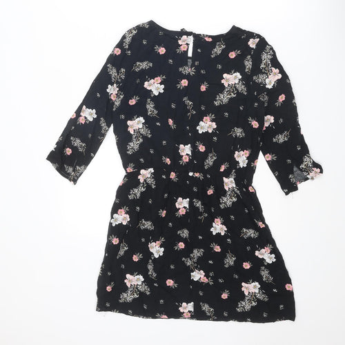 Divided by H&M Womens Black Floral Viscose A-Line Size 10 Round Neck Button