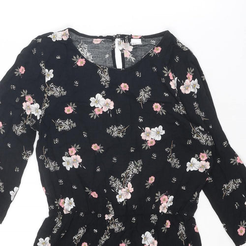 Divided by H&M Womens Black Floral Viscose A-Line Size 10 Round Neck Button