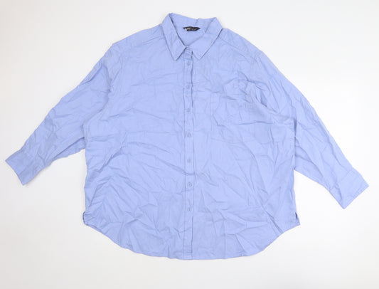 Marks and Spencer Womens Blue Cotton Basic Button-Up Size 24 Collared