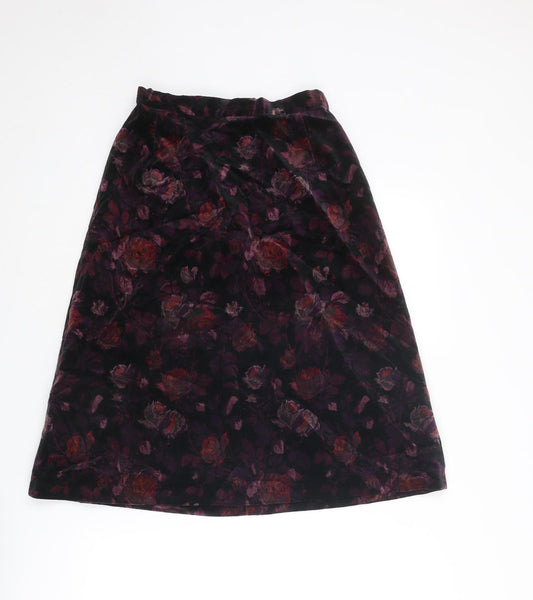St Michael Womens Purple Floral Cotton A-Line Skirt Size 12 Zip