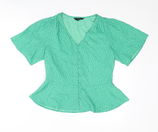 New Look Womens Green Polka Dot Polyester Basic Blouse Size 8 V-Neck