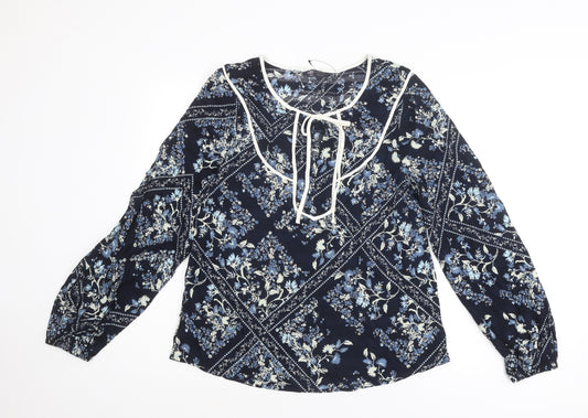 Marks and Spencer Womens Blue Floral Viscose Basic Blouse Size 10 Round Neck