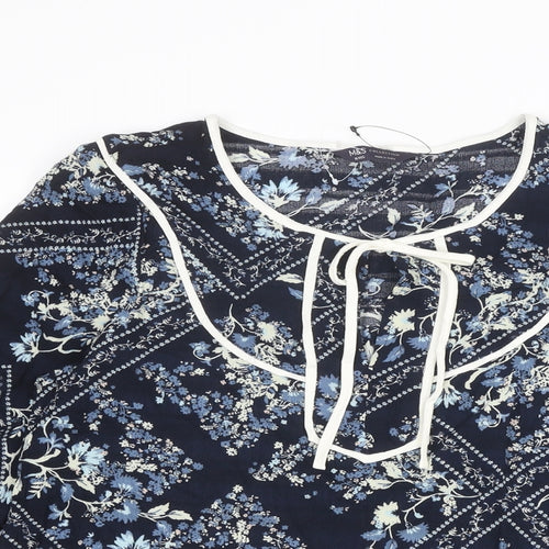 Marks and Spencer Womens Blue Floral Viscose Basic Blouse Size 10 Round Neck